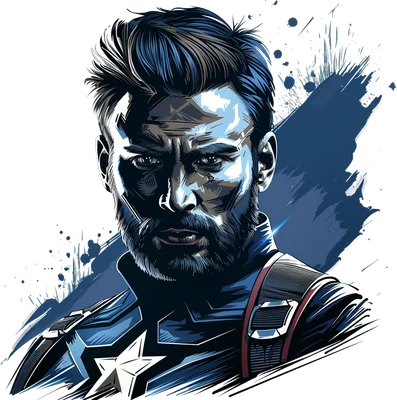 Hình minh họa Captain America râu quai nón với trang phục siêu anh hùng, phong cách truyện tranh màu xanh đậm và xám.