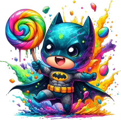 Hình ảnh Batman chibi vui vẻ cầm kẹo mút cầu vồng khổng lồ, xung quanh là những vệt màu sắc rực rỡ bắn tung tóe.