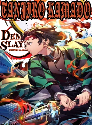 Hình ảnh Tanjiro Kamado từ Demon Slayer, tay cầm kiếm, bao quanh bởi lửa và băng.