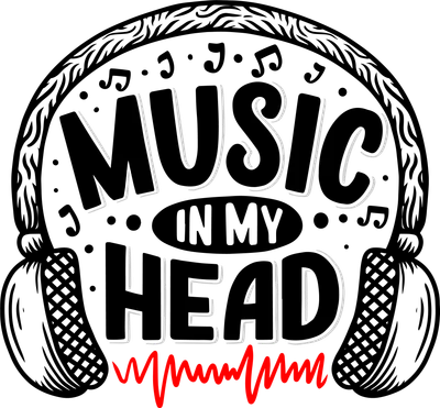 Hình minh họa tai nghe lớn màu đen với dòng chữ 'Music In My Head' và sóng âm màu đỏ, trên nền xám.