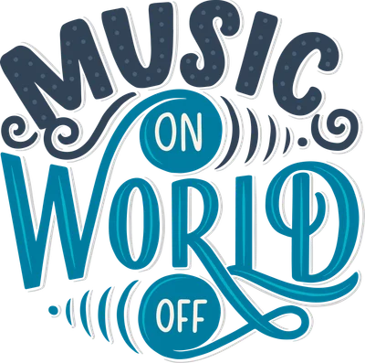 Hình minh họa chữ MUSIC ON WORLD OFF với phông chữ cách điệu màu xanh đậm và xanh lam, nền xám.