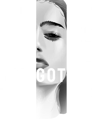 Hình ảnh chân dung phụ nữ với đôi mắt nhắm, trang điểm đậm, xen kẽ dòng chữ "YOU" và "ME" trên nền xám.