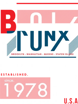 Thiết kế typography hiện đại với chữ THE BRONX lớn màu đỏ, trắng và xanh trên nền xám, kèm các dòng chữ New York.