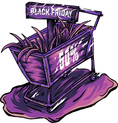 Hình minh họa xe đẩy mua sắm màu tím với biển báo 'Black Friday' và chữ '50%' trên thân xe, có lá cây bên trong.