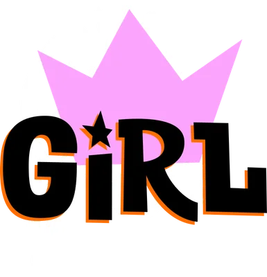 Hình ảnh chữ 'GIRL' lớn màu đen viền cam, phía sau là vương miện màu hồng và chữ viết tay màu trắng trên nền xám.