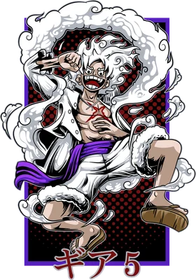 Hình ảnh Luffy Gear 5 từ One Piece, với mái tóc trắng bồng bềnh, biểu cảm phấn khích và trang phục trắng, bao quanh bởi khói trắng.