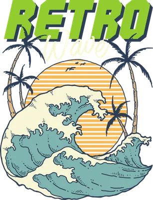 Hình minh họa sóng biển lớn, cây dừa và mặt trời lặn phong cách retro với chữ 'RETRO Wave'.