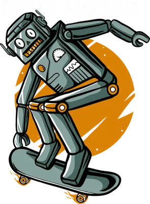 Hình minh họa robot kim loại đang trượt ván với dòng chữ Skate Machine
