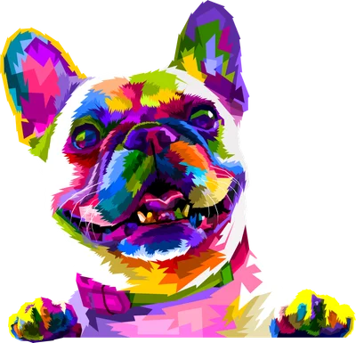 Hình ảnh chó bull Pháp với phong cách pop art đa sắc màu, đang cười tươi và đặt hai chân trước lên bề mặt.
