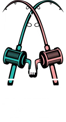 Hình ảnh hai cần câu và cuộn câu màu xanh ngọc và hồng pastel, với dòng chữ "I'm a Fishing Legends" phong cách retro.