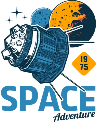 Hình minh họa tàu vũ trụ màu xanh bay giữa các hành tinh và ngôi sao, với chữ 'SPACE Adventure' và '1975' trên nền xám.