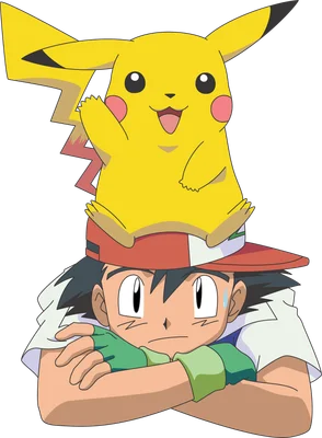 Hình ảnh Ash Ketchum đội mũ đỏ, Pikachu màu vàng vẫy tay vui vẻ ngồi trên đầu Ash, phong cách anime.