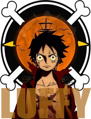 Hình ảnh Monkey D. Luffy với biểu cảm quyết tâm, trên nền mặt trăng và cờ hải tặc.