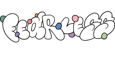 Hình ảnh thiết kế chữ DREAMS FEARLESS màu trắng với viền đen và các chấm màu sắc, trên nền xám, kèm câu trích dẫn truyền cảm hứng.