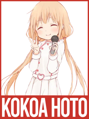 Hình ảnh cô gái anime tóc vàng, mặc váy trắng, cầm micro và giơ tay chữ V, có chữ KOKOA HOTO bên dưới.