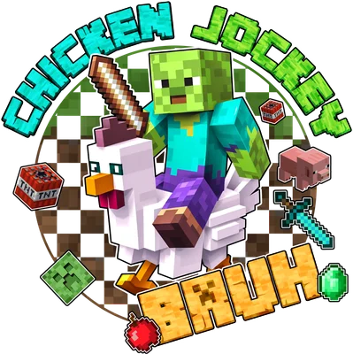 Hình ảnh zombie Minecraft cưỡi gà, với các vật phẩm như TNT, kiếm, ngọc lục bảo và chữ 'RAUH'