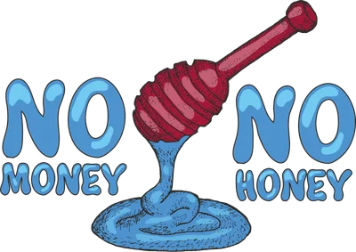 Hình ảnh chữ NO MONEY NO HONEY với muỗng múc mật ong màu đỏ chảy ra chất lỏng màu xanh