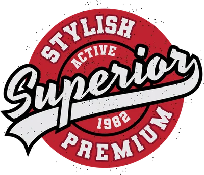 Hình ảnh logo tròn màu đỏ với chữ Superior lớn màu trắng, kèm các chữ Stylish, Active, 1982, Premium, mang phong cách vintage.
