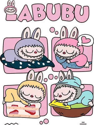 Hình ảnh nhân vật Labubu hoạt hình đáng yêu đang ngủ trong nhiều tư thế khác nhau, với chữ LABUBU phía trên.