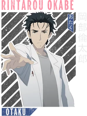 Hình ảnh Rintarou Okabe, nhân vật anime, mặc áo khoác trắng, đưa tay về phía trước.