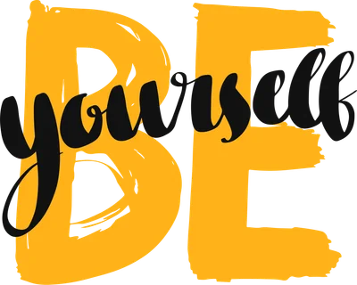 Hình ảnh chữ "Be yourself" màu vàng và đen trên nền xám, font chữ brush độc đáo.