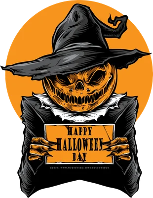 Hình minh họa bí ngô đội mũ phù thủy cầm bảng Happy Halloween phong cách hoạt hình kinh dị