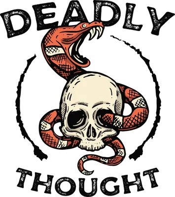 Hình minh họa đầu lâu người quấn quanh bởi một con rắn đỏ với dòng chữ Deadly Thought phong cách cổ điển