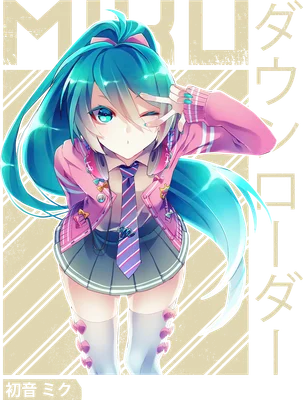 Hình ảnh Hatsune Miku với mái tóc xanh ngọc bích dài, mặc áo khoác hồng, váy xếp ly xám, nháy mắt và giơ tay chữ V.
