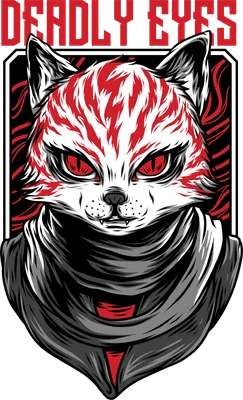 Hình minh họa mèo ninja với đôi mắt đỏ sắc sảo phong cách anime