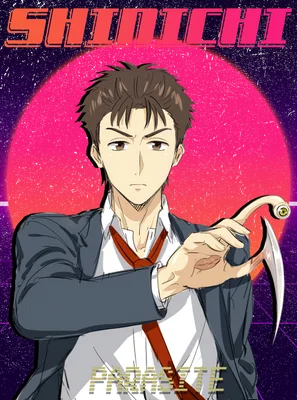Hình vẽ Shinichi Izumi từ Parasyte với vũ khí trên tay, nền retro màu hồng và tím.