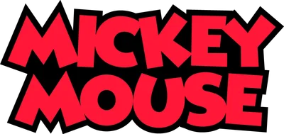 Logo Mickey Mouse với chữ màu đỏ nổi bật, viền đen dày, tạo cảm giác vui tươi, năng động trên nền xám.