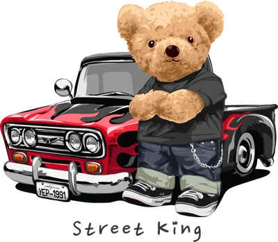 Hình minh họa gấu bông mặc đồ hiphop đứng khoanh tay trước xe bán tải đỏ phong cách vintage với họa tiết lửa, chữ Street King.