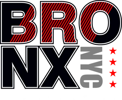 Thiết kế chữ BRONX New York City màu đen đỏ, viền trắng, có bốn ngôi sao đỏ trên nền xám.