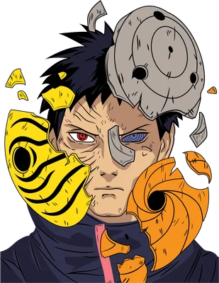 Hình ảnh Obito Uchiha với các mặt nạ Tobi, Sharingan và Rinnegan bị vỡ, thể hiện sự phức tạp trong nhân vật.