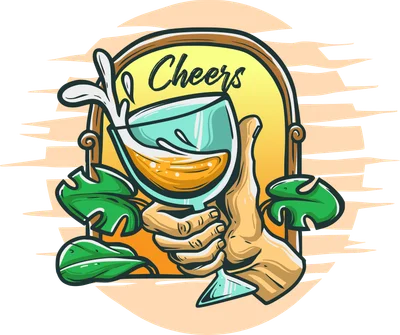 Hình vẽ minh họa bàn tay cầm ly rượu vang với dòng chữ Cheers phong cách retro