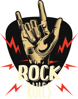 Hình minh họa bàn tay làm ký hiệu Rock n Roll trên nền phím gảy đàn guitar với dòng chữ Rock Rules