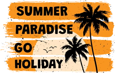 Hình ảnh minh họa phong cách retro với cây dừa, mặt trời và dòng chữ 'Summer Paradise Go Holiday'