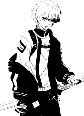 Hình vẽ anime đen trắng nhân vật nam trẻ tuổi với mái tóc vàng, mặc áo khoác ngoài và cầm kiếm.