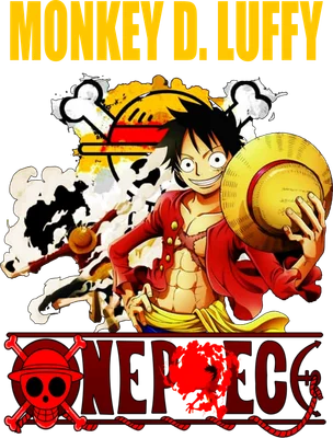 Hình ảnh Monkey D. Luffy, nhân vật chính trong One Piece, đội mũ rơm, với biểu tượng Jolly Roger và chữ ONE PIECE.