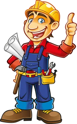 Hình vẽ hoạt hình một người thợ xây nam đội mũ bảo hiểm màu vàng, mặc áo đỏ, quần yếm xanh, cầm bản vẽ và giơ ngón cái lên.