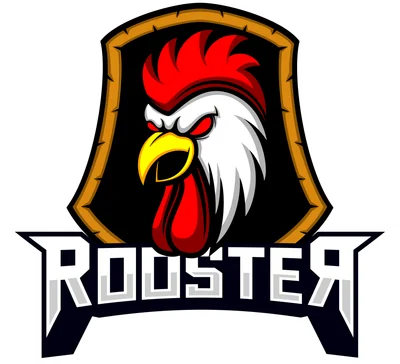 Logo gà trống với mào đỏ, mắt đỏ dữ tợn, mỏ vàng, trên nền khiên và chữ ROOSTER.