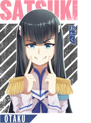 Hình ảnh Satsuki Kiryuin, nhân vật anime với mái tóc đen dài, mắt xanh, đang cười và chỉ tay vào má, mặc đồng phục thủy thủ có chi tiết vàng.