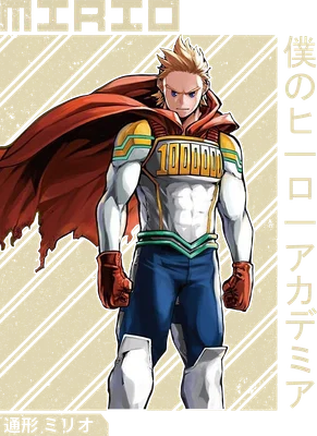Hình ảnh Mirio Togata (Lemillion) từ anime My Hero Academia, mặc trang phục anh hùng màu trắng, xanh, vàng, đỏ, với áo choàng đỏ và số "1000000" trên ngực.