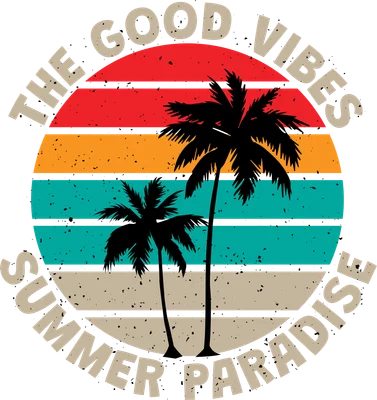 Hình ảnh hoàng hôn nhiệt đới với hai cây dừa, mặt trời và dòng chữ "The Good Vibes Summer Paradise"