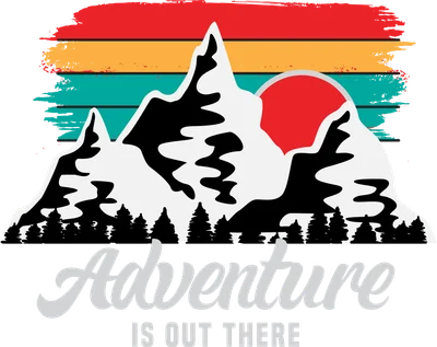 Hình minh họa núi non hùng vĩ với mặt trời đỏ, phong cách retro, có chữ 'Adventure is out there'