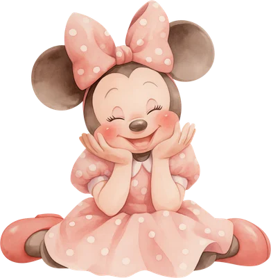 Hình ảnh Minnie Mouse hoạt hình dễ thương, mặc váy hồng chấm bi, phong cách màu nước, đang ngồi với vẻ mặt hạnh phúc.