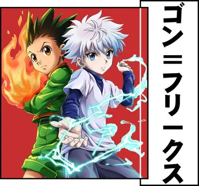 Hình ảnh Gon và Killua từ anime Hunter x Hunter, Gon có lửa bên trái, Killua có sét bên phải.