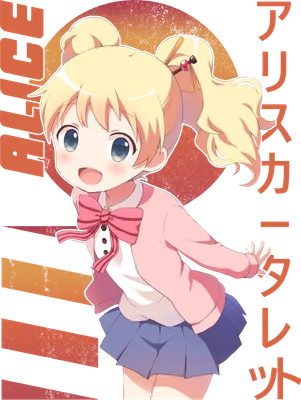 Hình ảnh cô bé Alice tóc vàng buộc hai bên, mặc áo hồng, váy xanh, đeo nơ hồng, phong cách anime dễ thương.