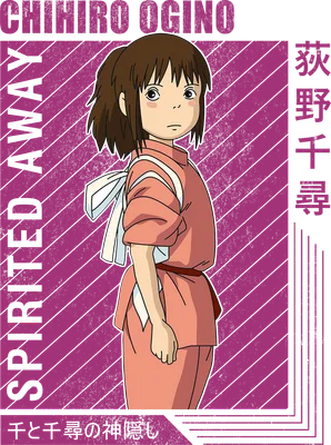 Hình ảnh Chihiro Ogino từ phim Spirited Away, mặc trang phục hồng, với nền họa tiết kẻ sọc màu hồng và xám.