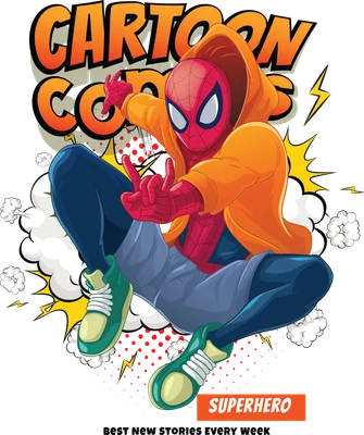 Hình ảnh Spider-Man mặc áo hoodie cam, quần xanh, giày xanh lá, tạo dáng hip-hop.